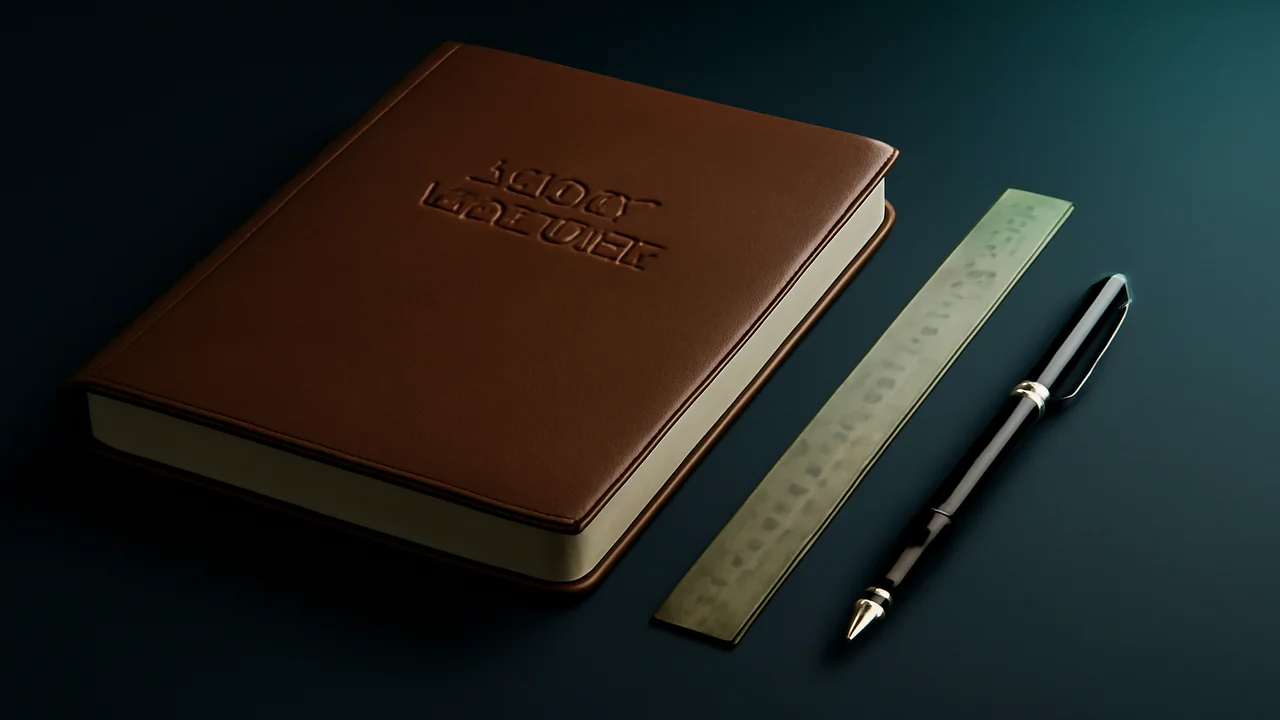 Editorial still life of a bound audit ledger with brass ruler on a deep navy desk
