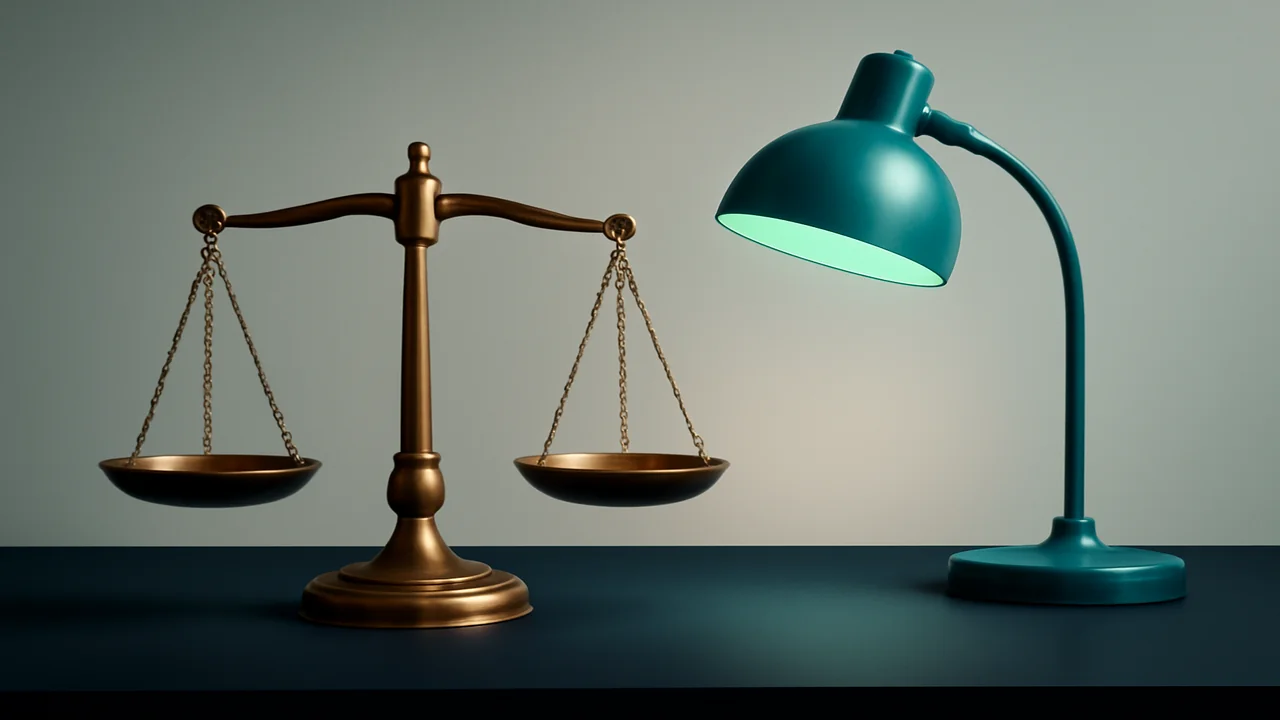 Editorial still life of matte brass balance scales on a deep navy desk