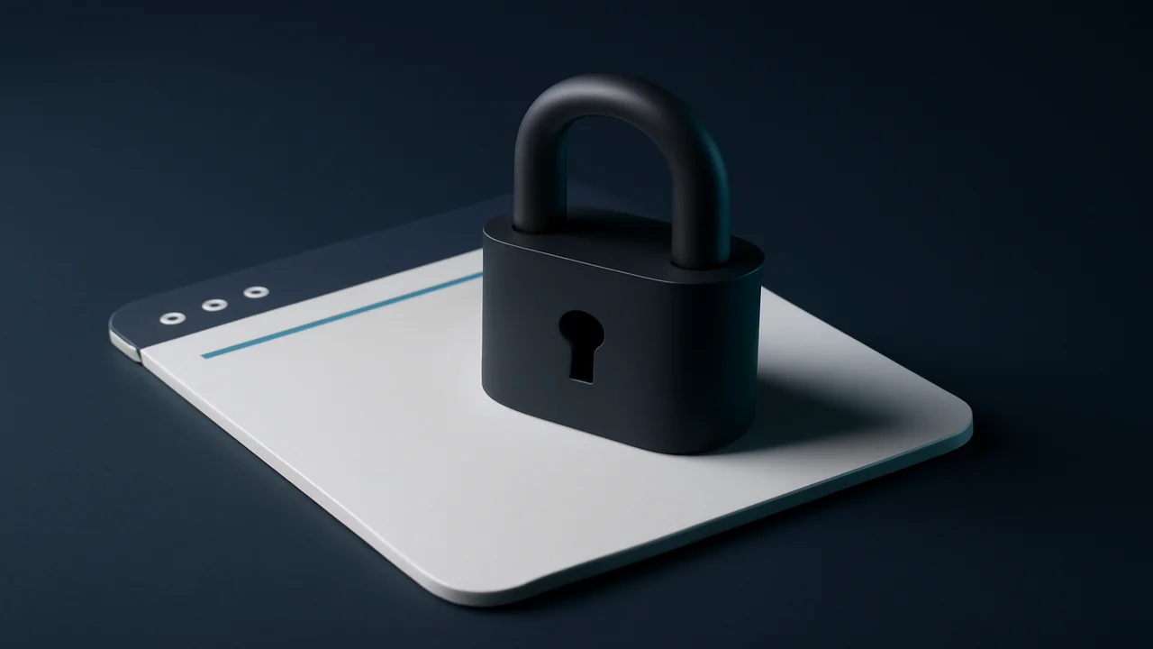 Editorial illustration of a matte lock resting on a stylised browser card