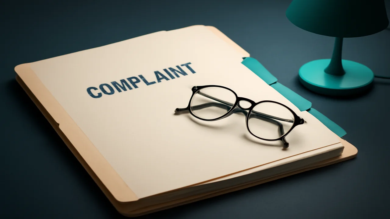 Editorial still life of an open complaint file with tabbed dividers