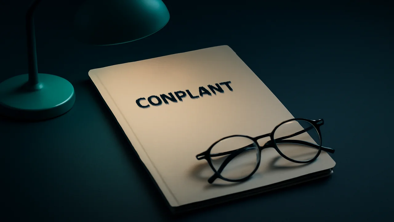 Editorial still life of a tabbed complaint file and reading glasses