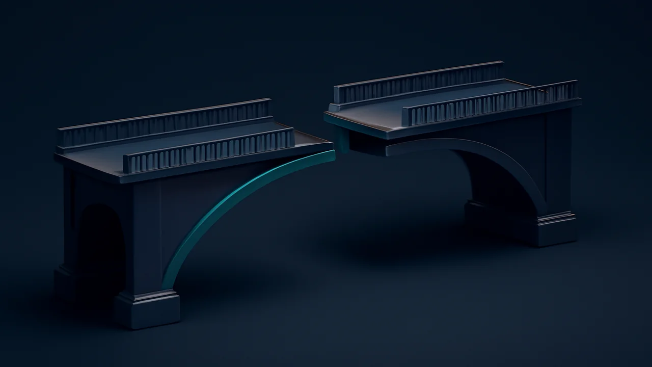 Editorial illustration of a gap in a bridge on a deep navy background