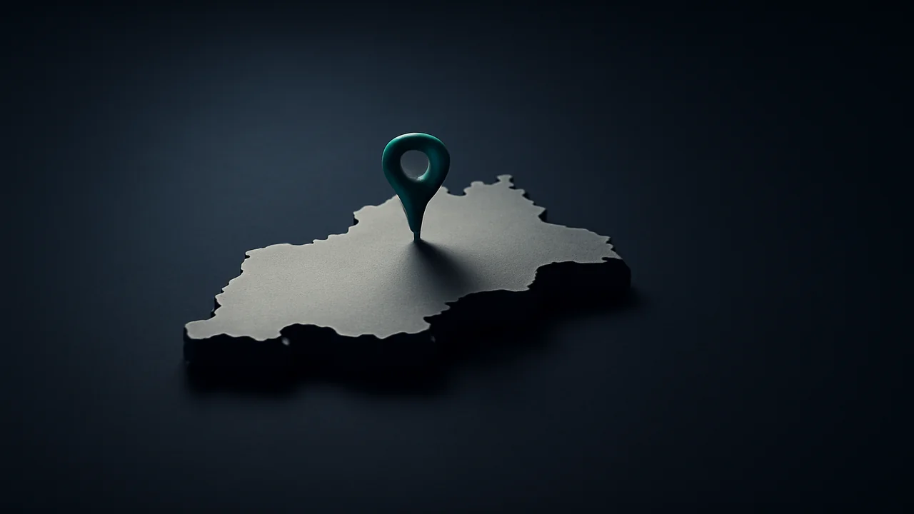 Editorial illustration of a stylised island silhouette with a licensing pin