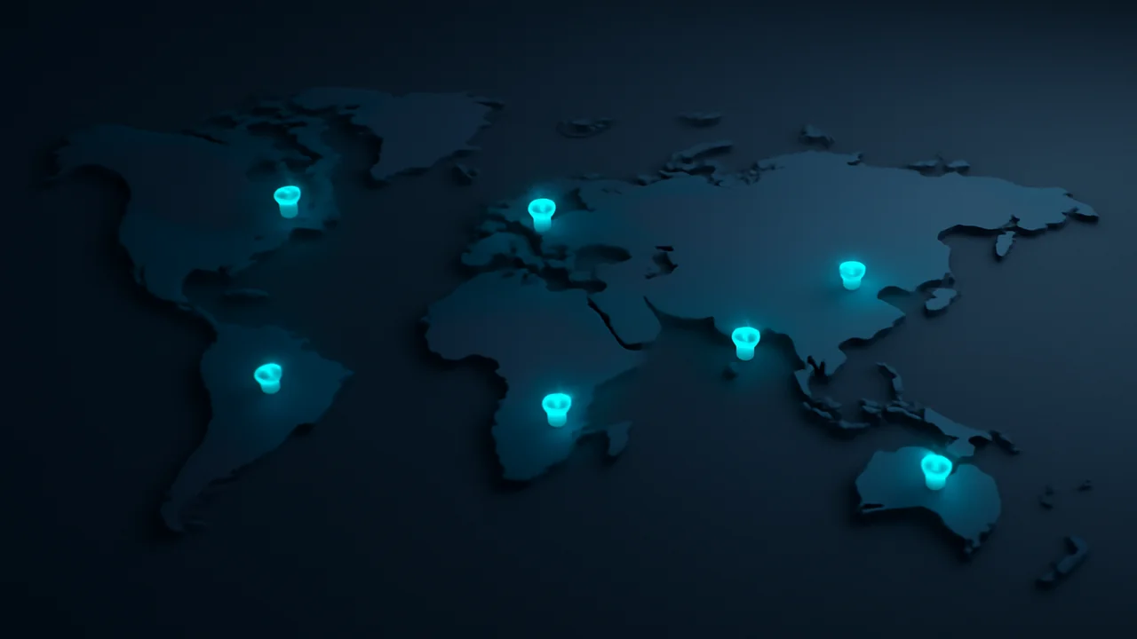 Editorial illustration of a stylised world map with jurisdiction pins