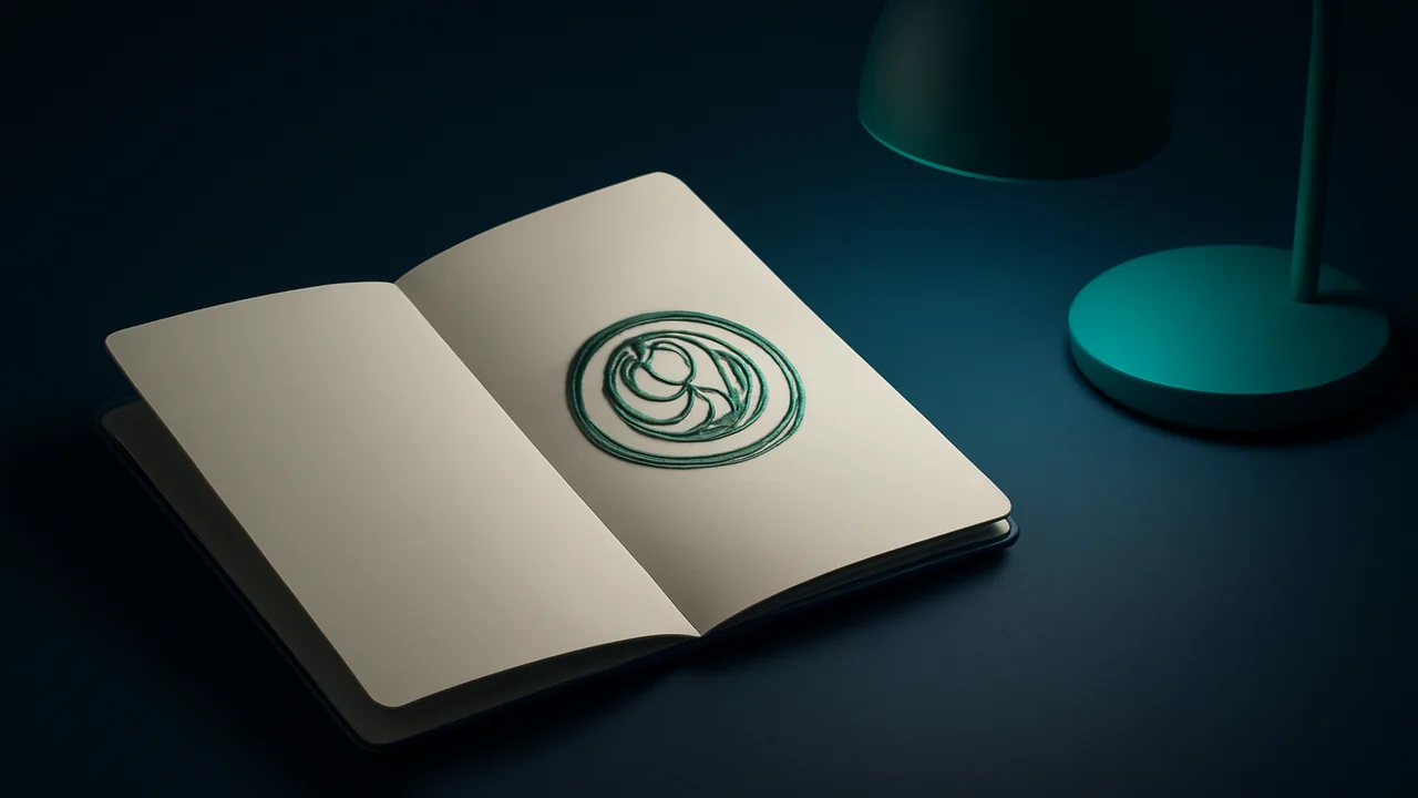 Editorial still life of a passport with a stylised stamp on a deep navy desk
