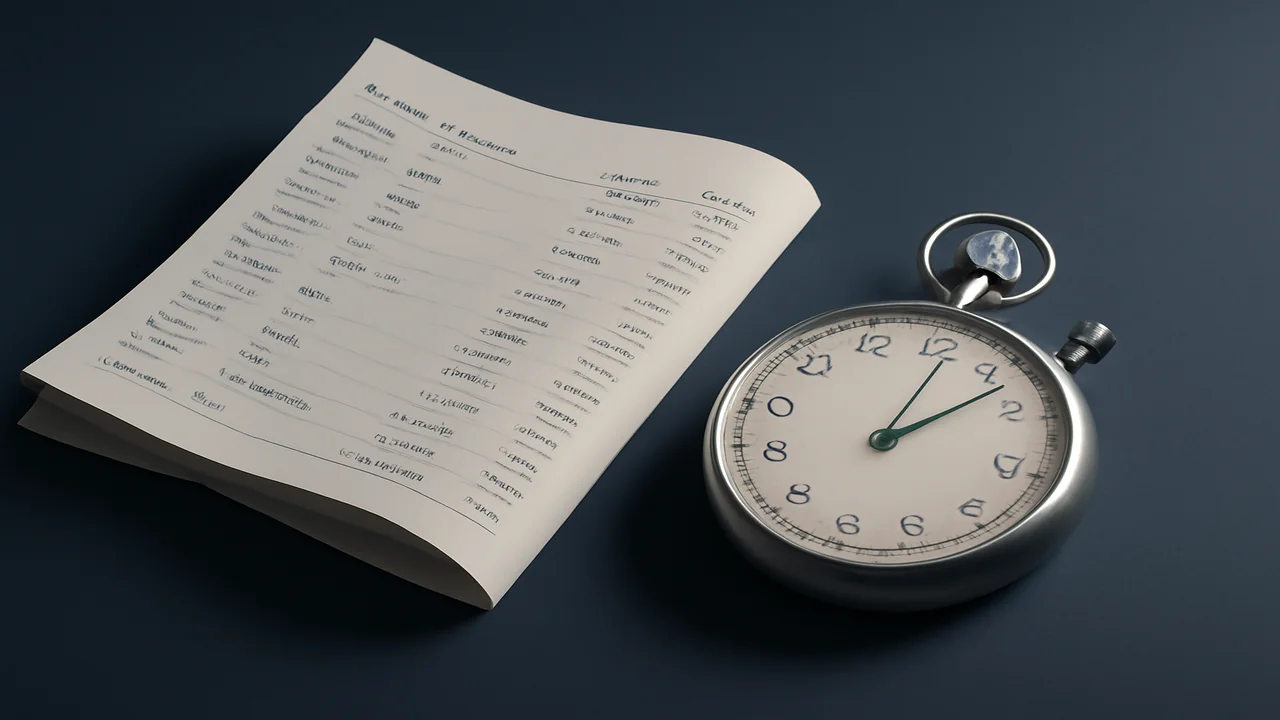 Editorial still life of a bank statement and a stopwatch on a navy desk
