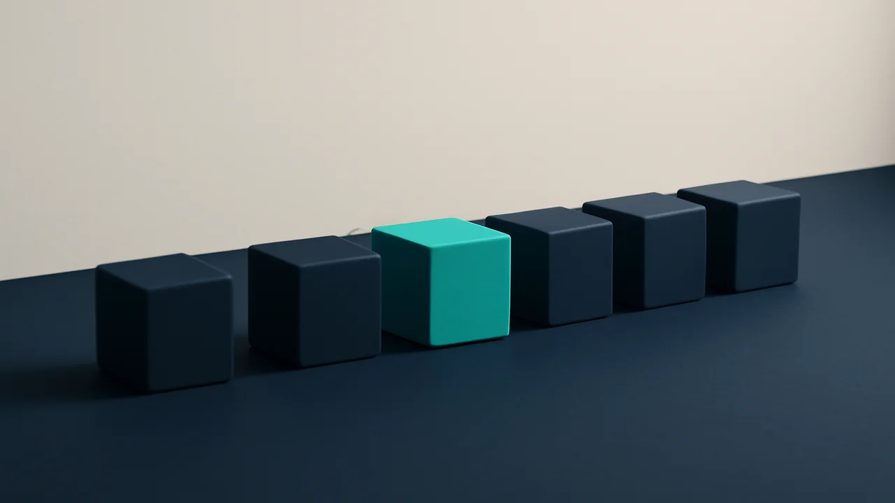 Editorial illustration of a stylised category framework as geometric blocks