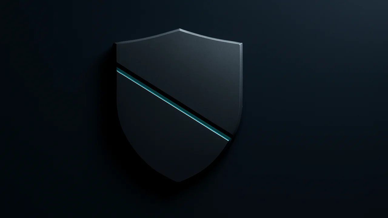 Editorial illustration of a matte shield emblem on a deep navy background