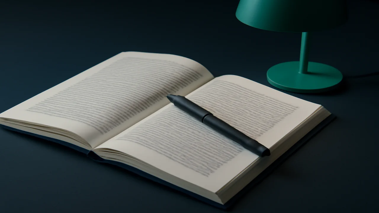 Editorial still life of an open statute page with a fountain pen